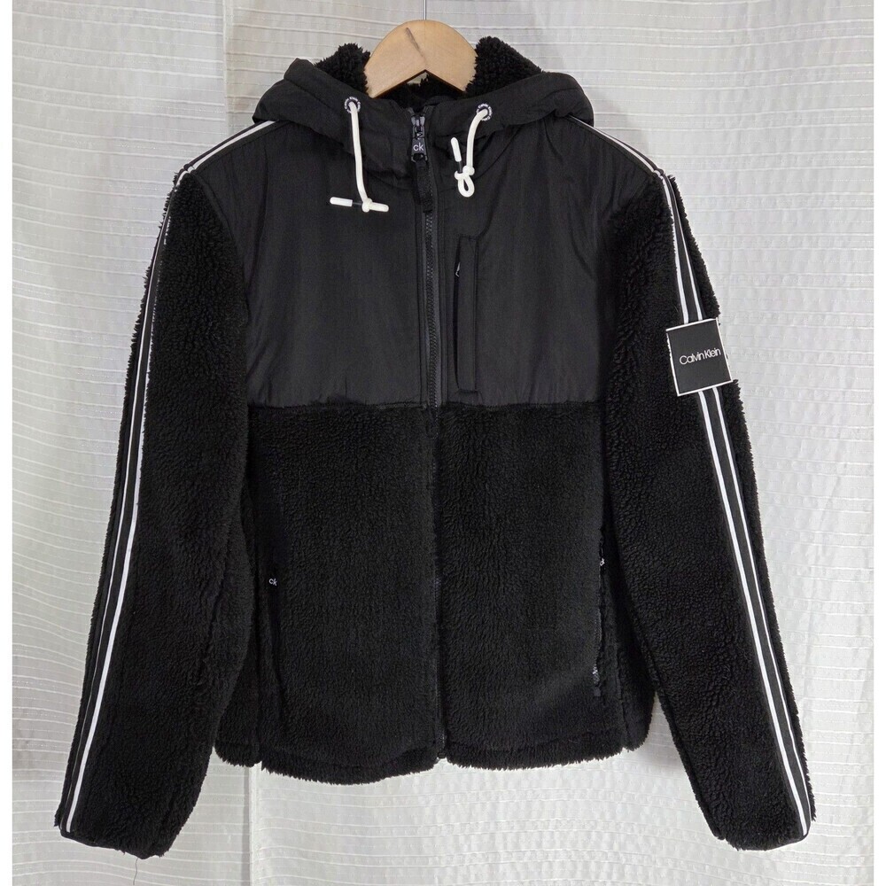 Calvin Klein Sherpa Jacket Menโs S Full Zip Black w/ Stripe and Logo